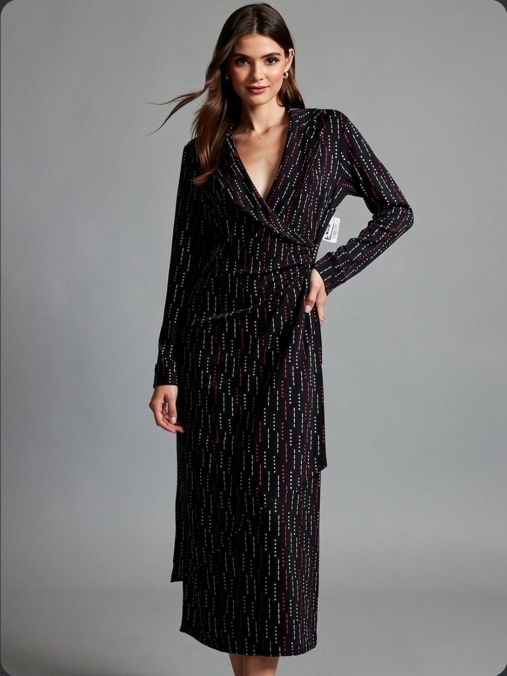 Express Black Maxi Wrap Dress with Red & White Pinstripe